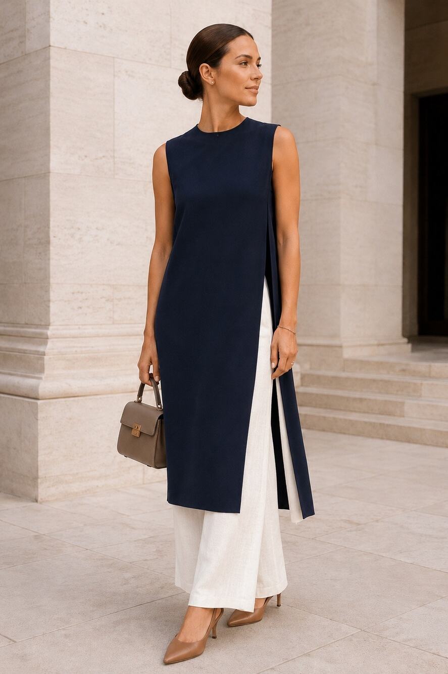 Akris Silk Overlay Midi Dress Size 6 Navy Sleeveless Side Slits Lagenlook